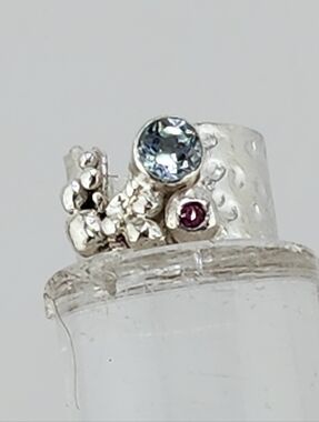 AQUAMARINE & PINK SAPPHIRE BRUTALIST RING HANDMADE IN STERLING SILVER SIZE 8